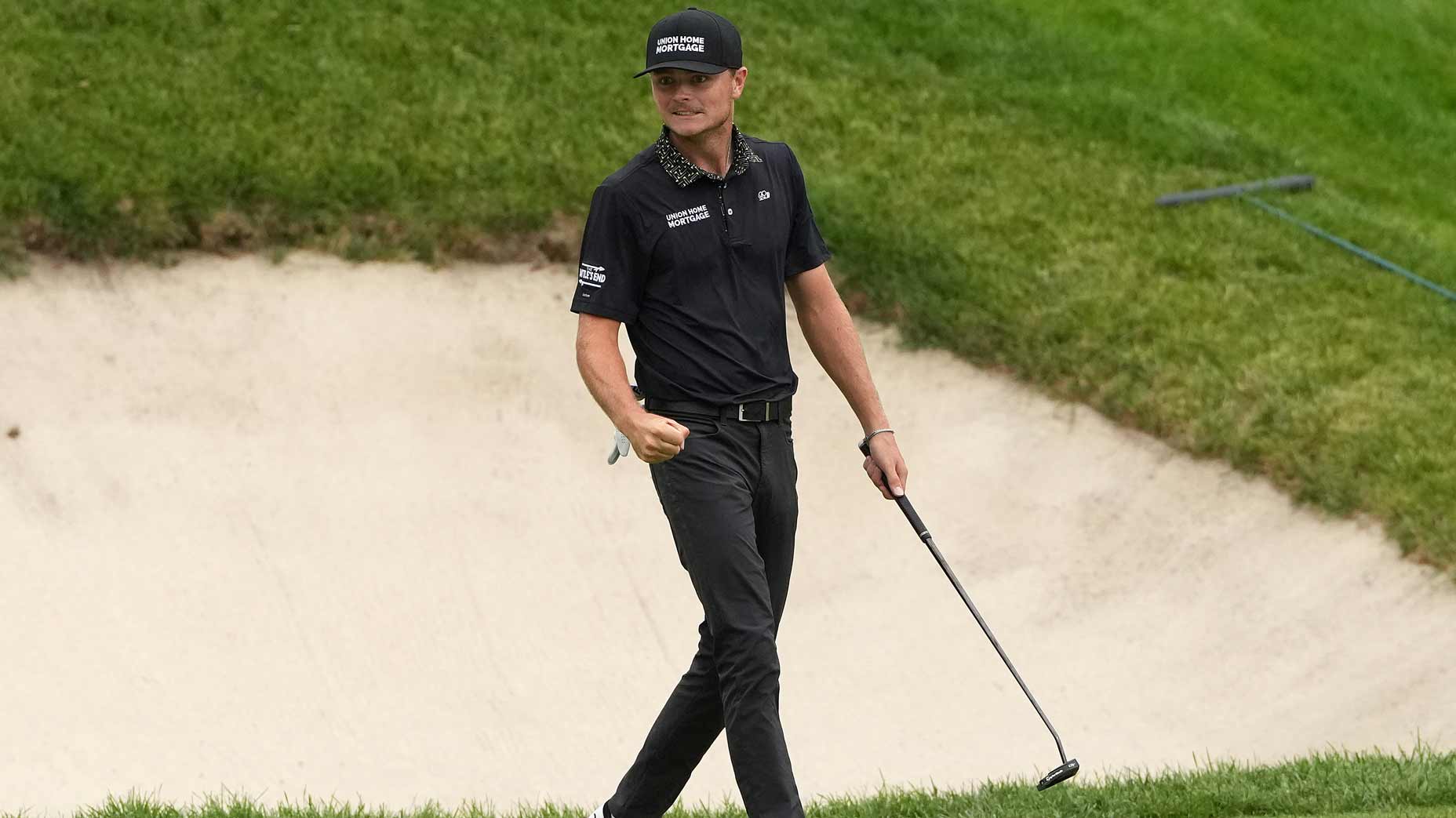 Luke Clanton reacts to a birdie putt at the John Deere Classic.