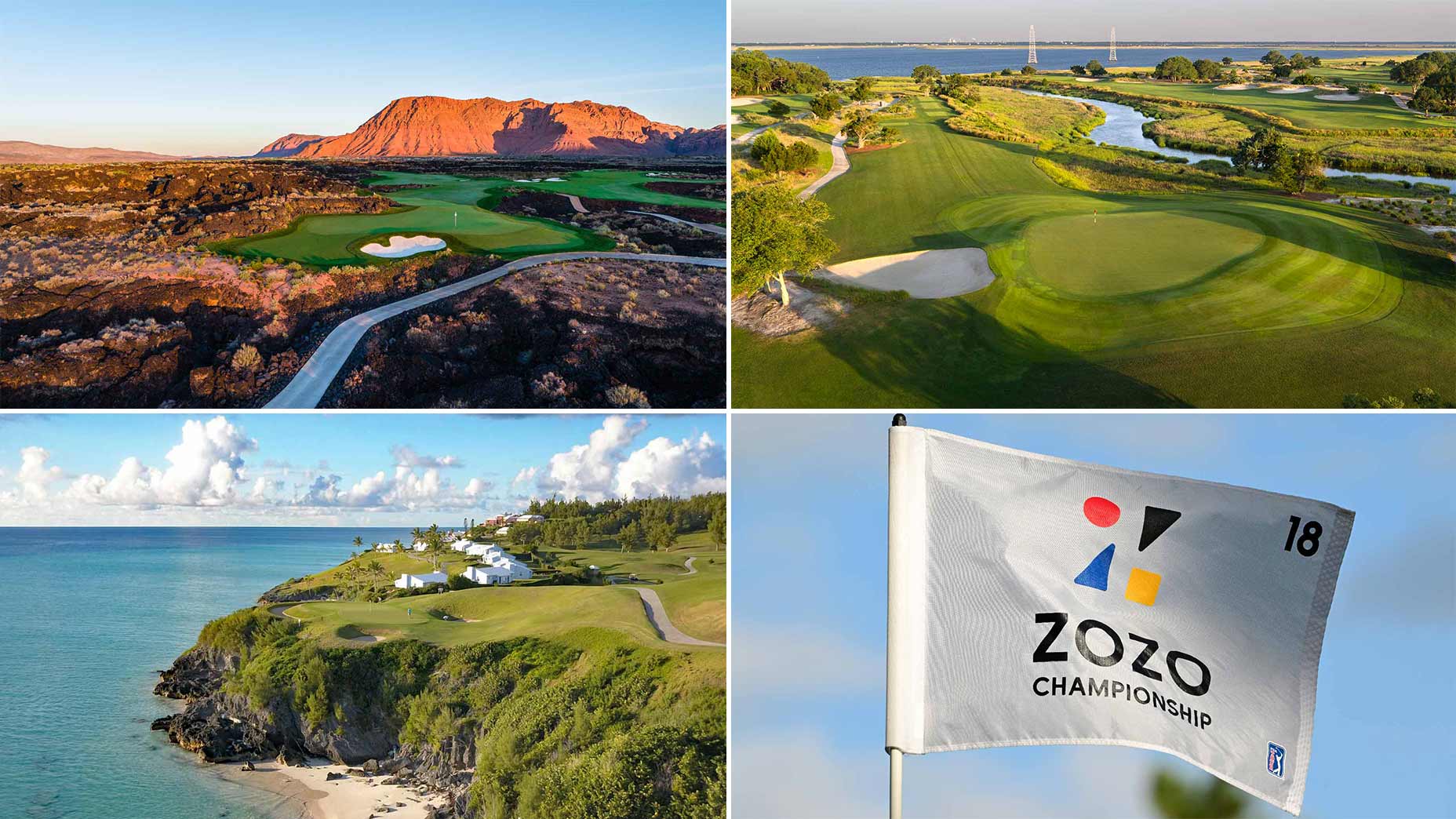 Four images of golf courses Black Desert Resort, Sea Island's Seaside course, a flag from the Zozo Championship and Port Royal Golf Club.