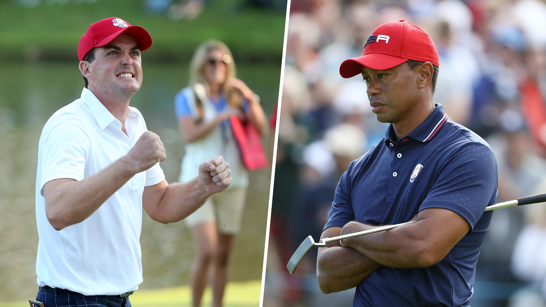 keegan bradley celebrates with fist pump at Ryder Cup while tiger woods sulks