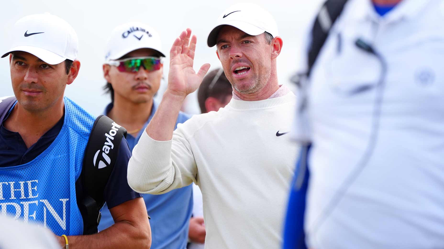 Pro golfer Rory McIlroy gestures during practice at 2024 Open Championship