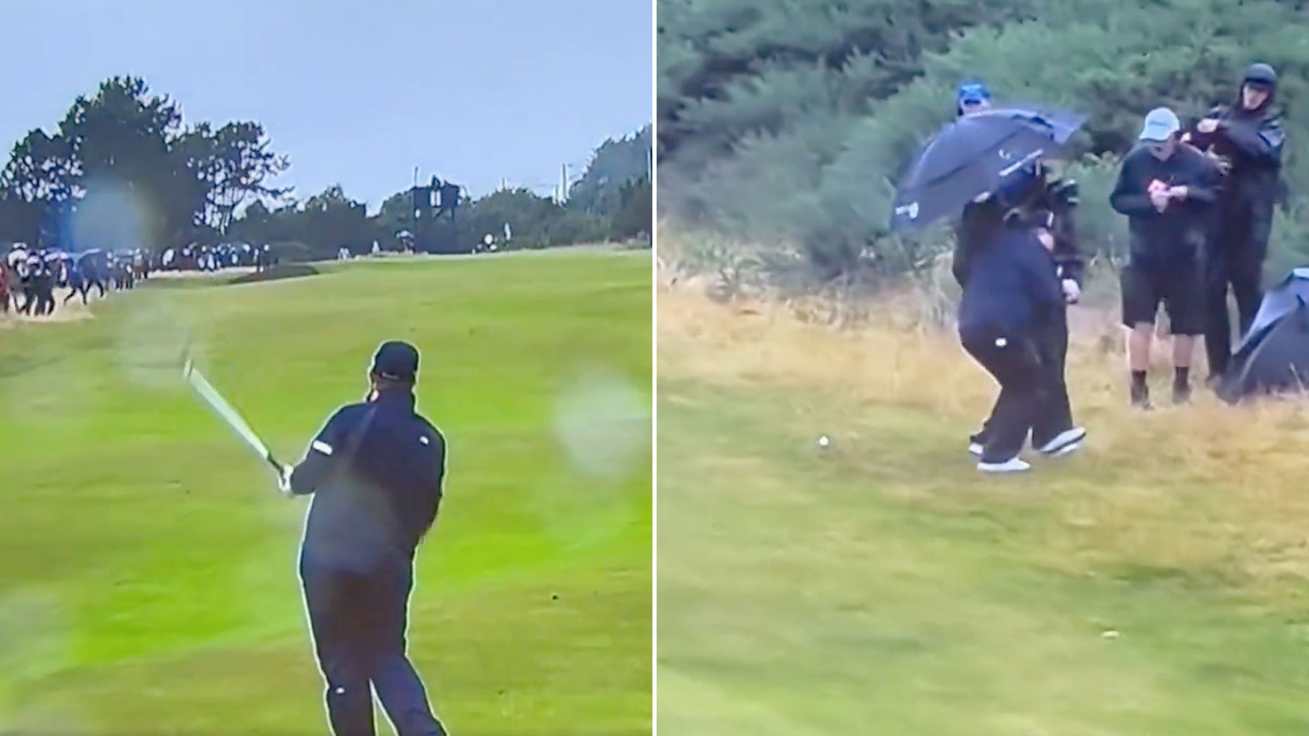 Pro golfer Shane Lowry's shot hits a marshal's leg on Saturday at Royal Troon.