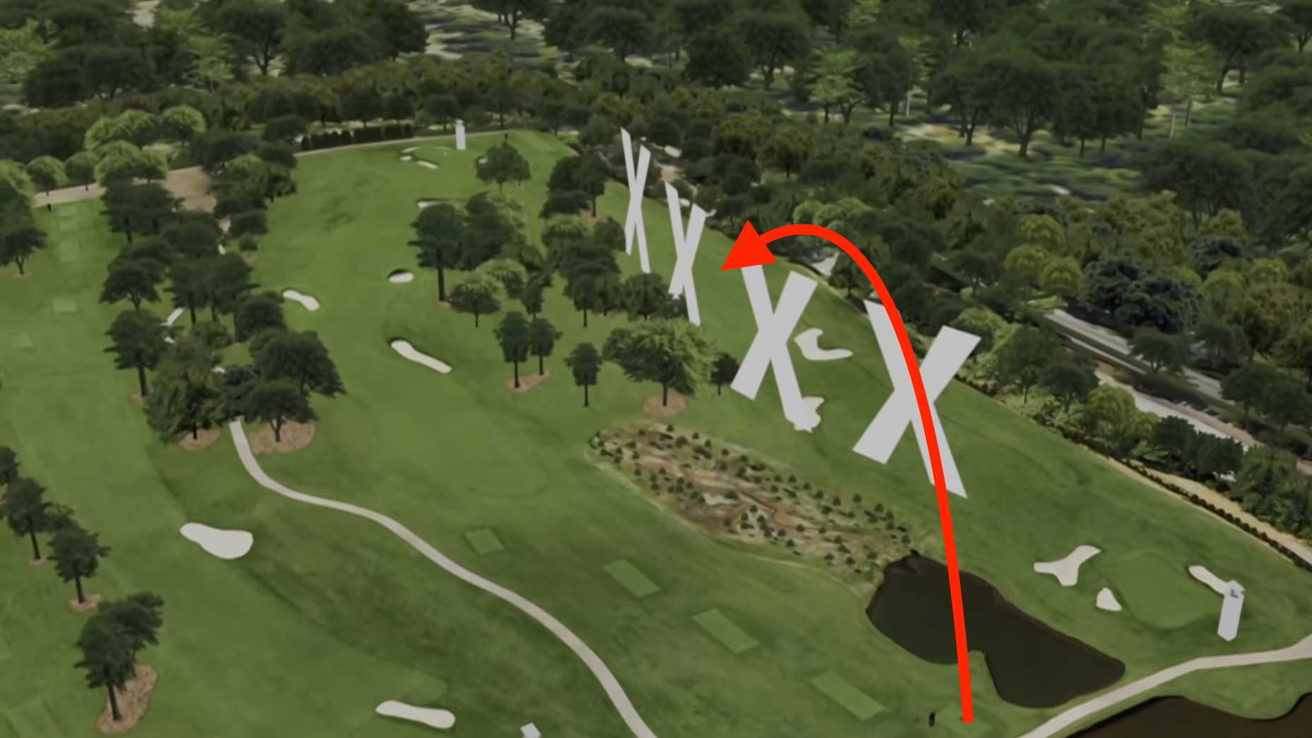 Golf Channel showed this helpful visual of the internal O.B. preventing pros from driving onto the seventh fairway from the sixth tee.