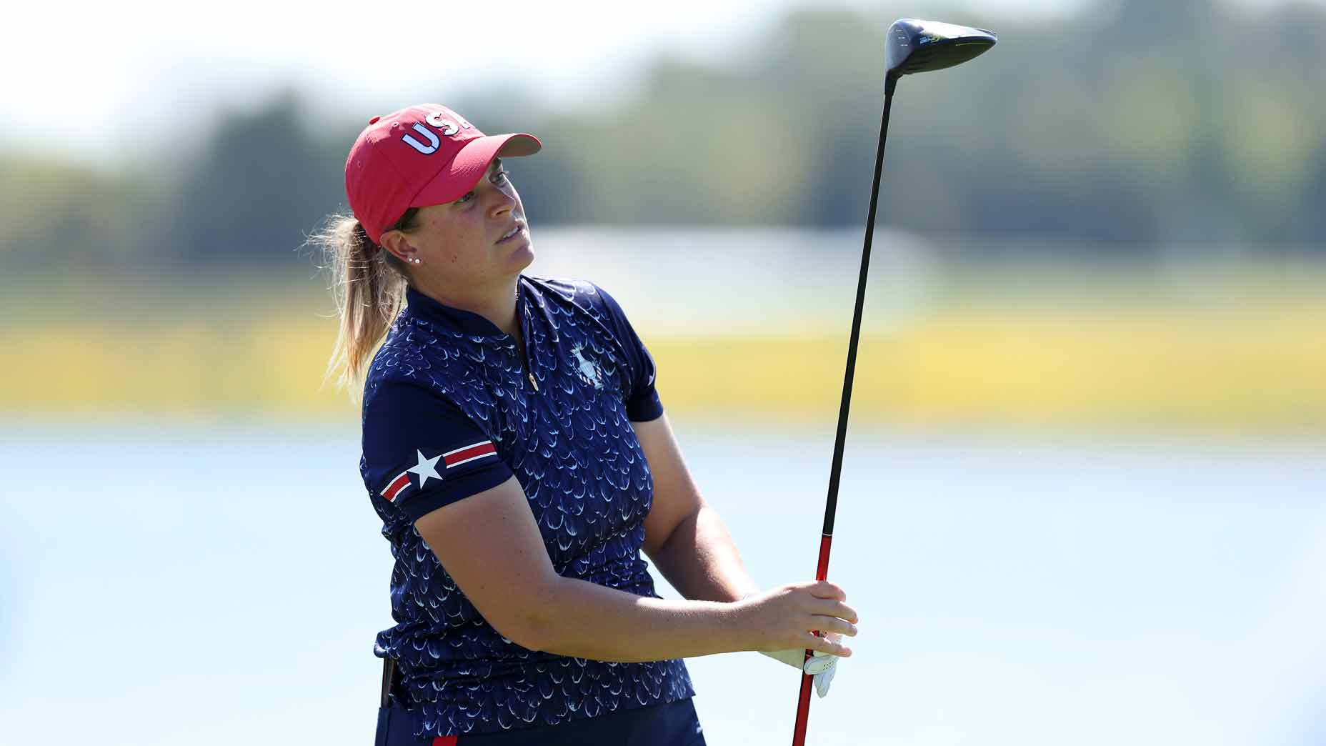 lauren coughlin watches her tee shot during a practice round for the 2024 solheim cup