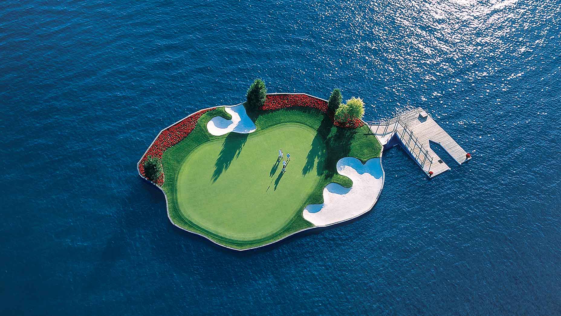 island green overhead shot at coeur d'alene with vivid blue water