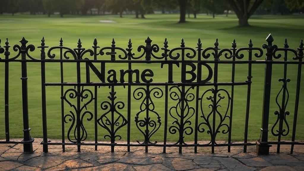 fence in front of a golf course with "course name tbd" sign