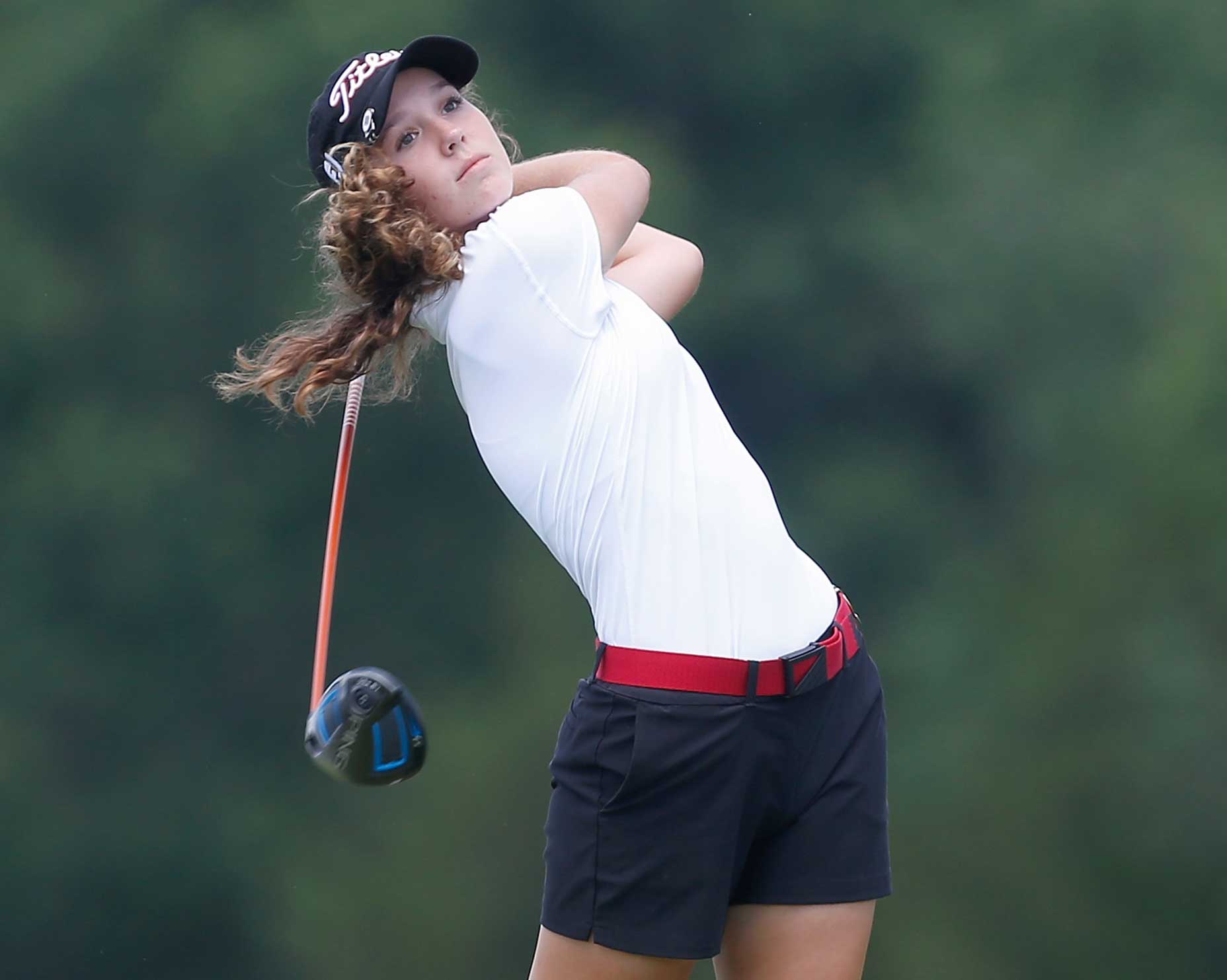 Rachel Heck hits her tee shot on the ninth hole during the final round of the U.S. Women's Open Championship at Trump National Golf Club on July 16, 2017 in Bedminster, New Jersey.