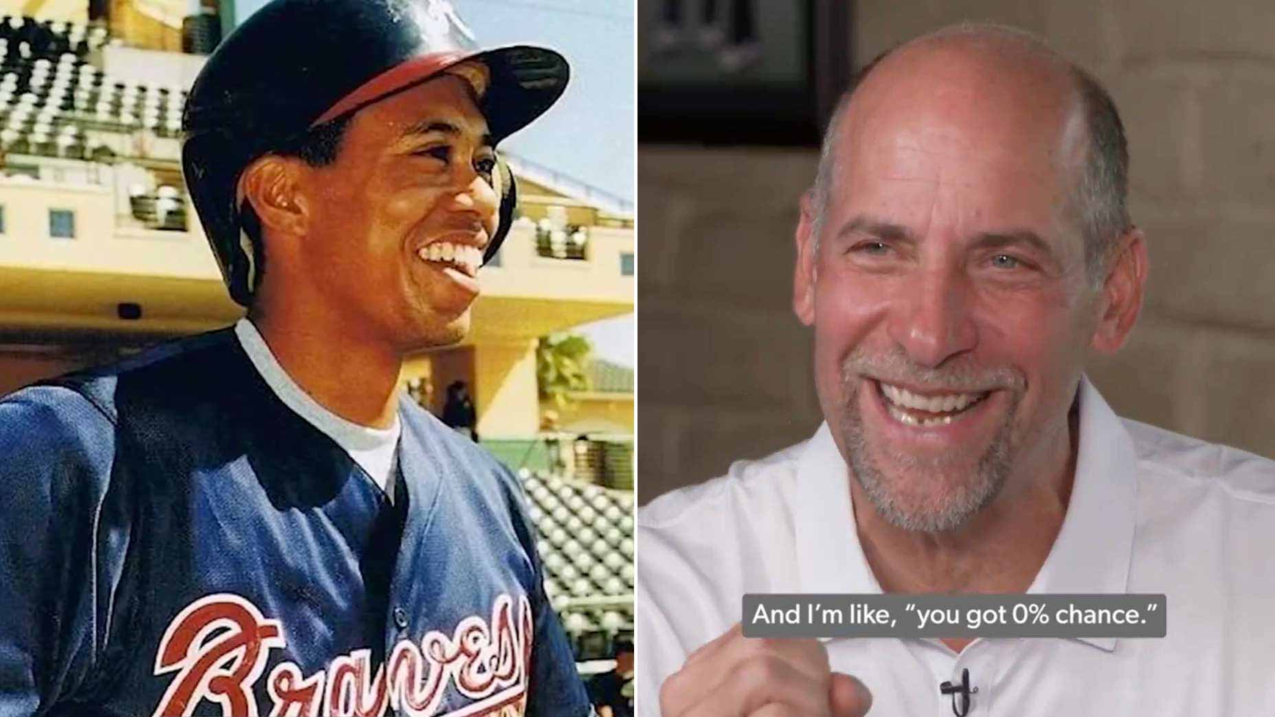 Split image of Tiger Woods in Atlanta Braves uniform, and John Smoltz during interview