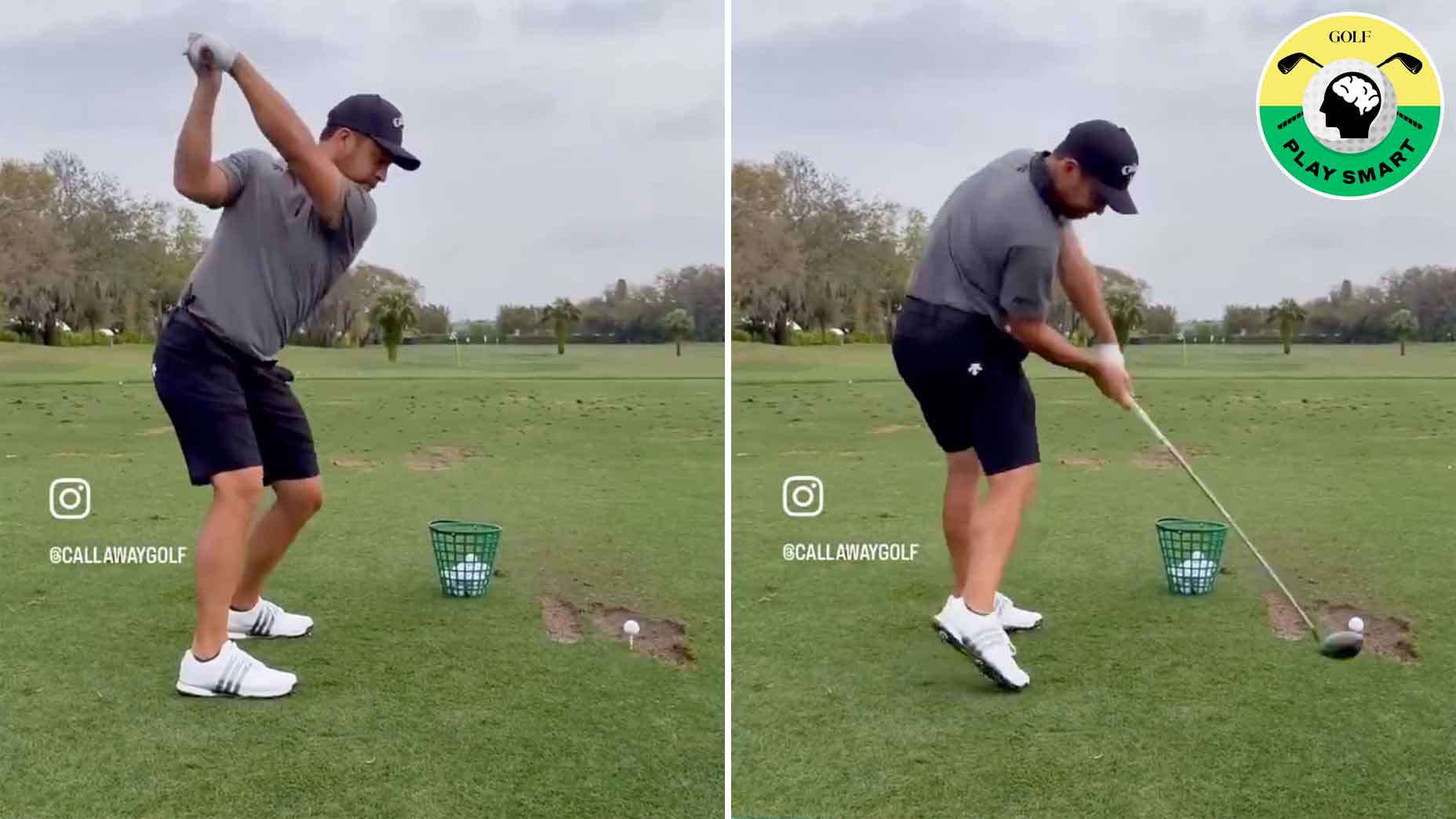 PGA Tour pro xander schauffele hits driver with range ball bucket in front of him