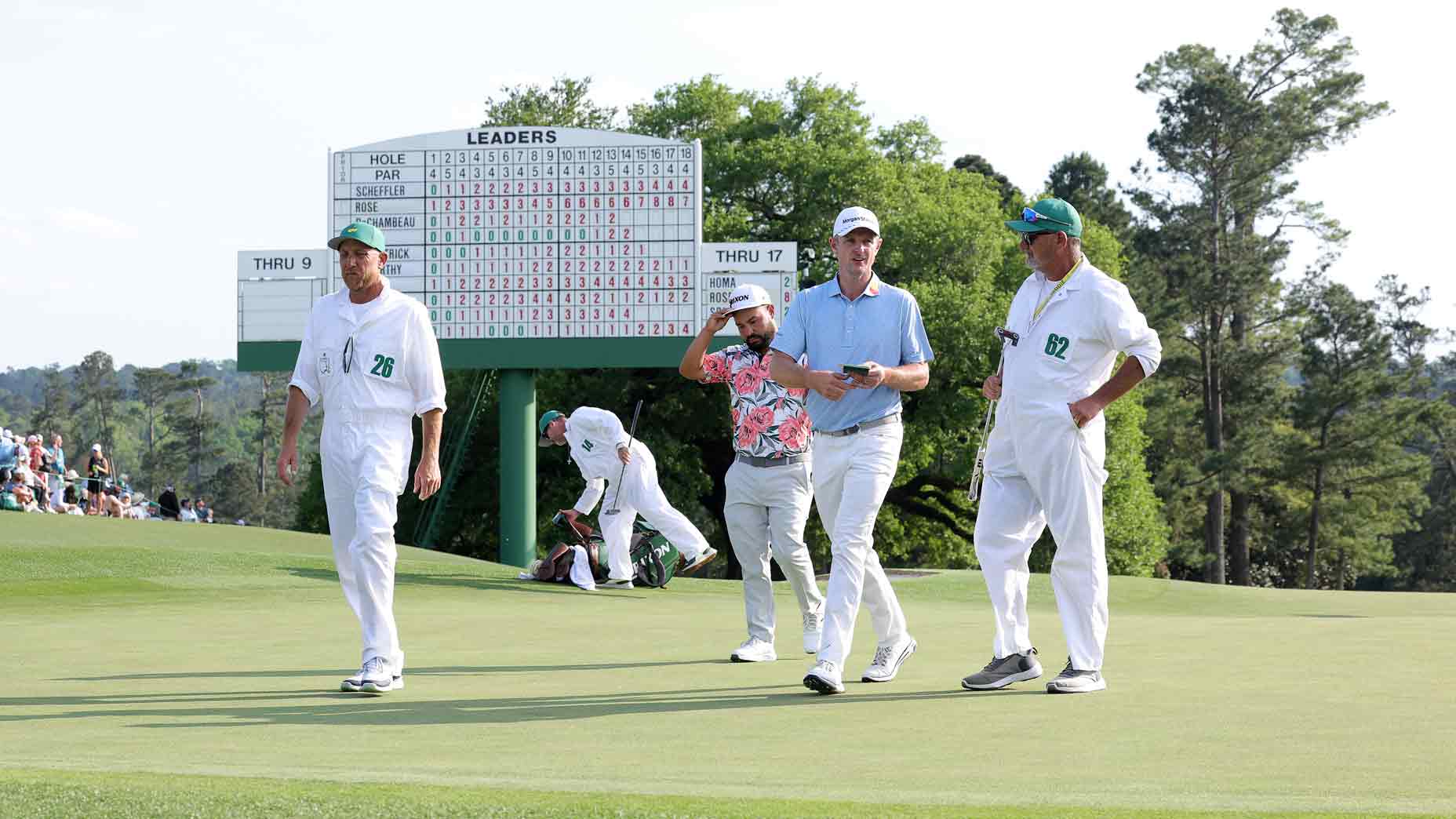 Pro golfer Justin Rose walks off the 18th hole during the first round of the 2025 Masters Tournament at Augusta National Golf Club on April 10, 2025 in Augusta, Georgia.