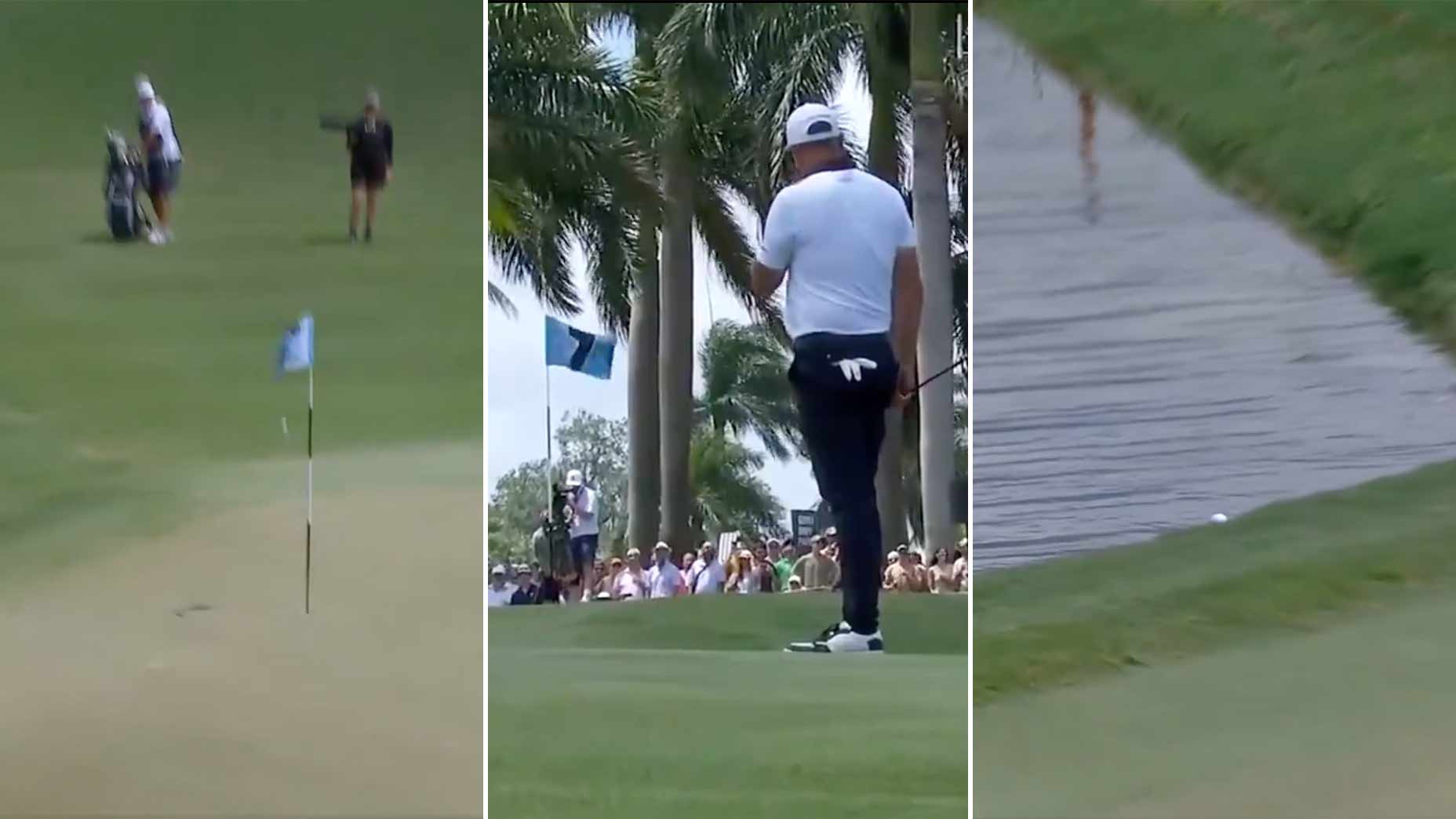 Phil Mickelson reacts after a bad break at LIV Golf Miami.