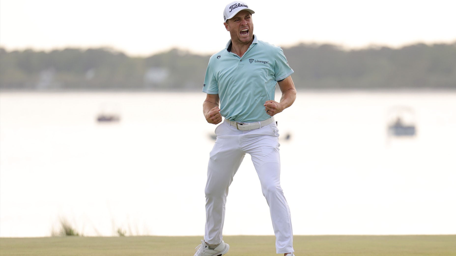 Justin Thomas celebrates his winning putt at the RBC Heritage.