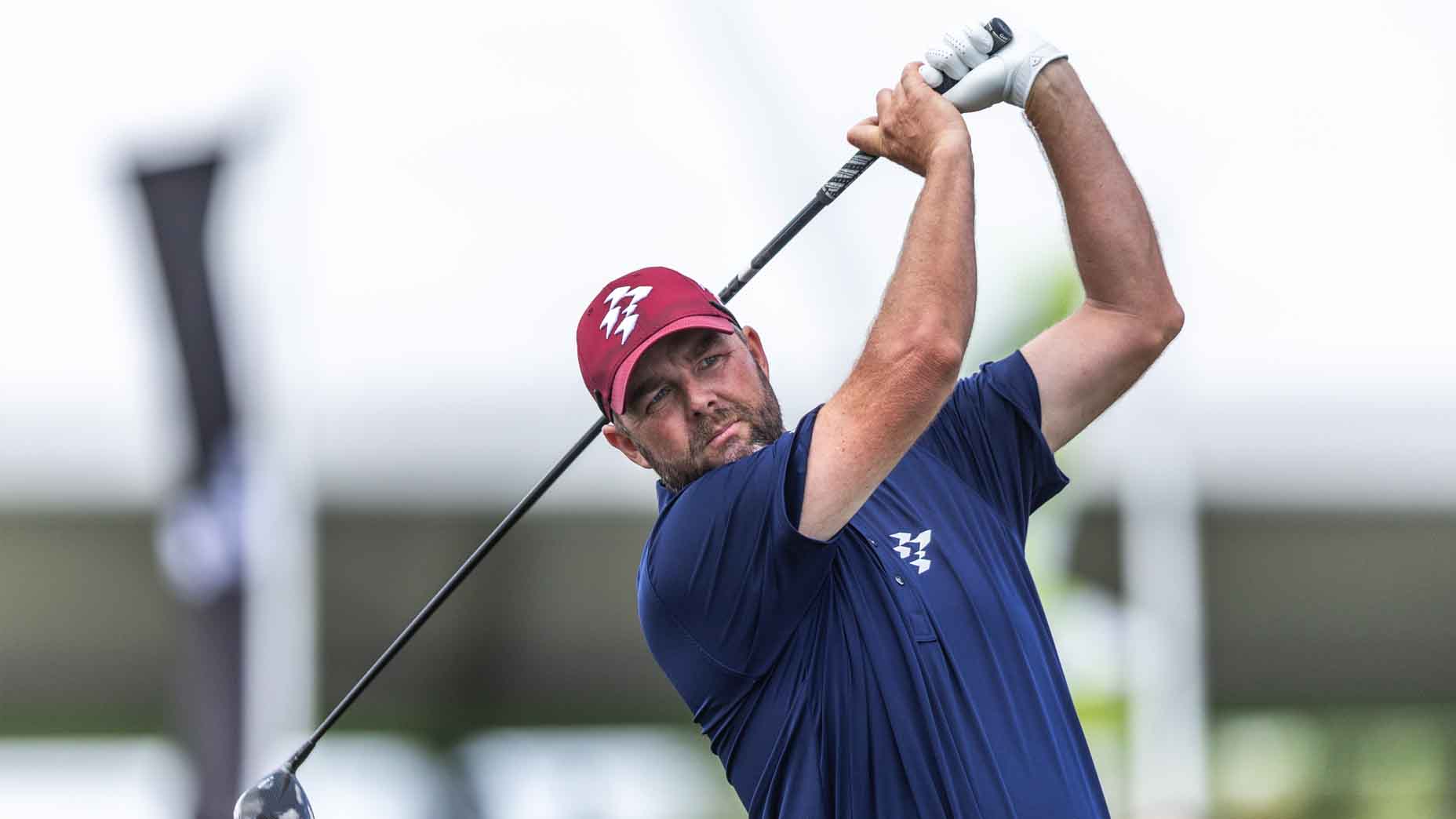 Marc Leishman hits a tee shot during LIV Golf Miami.