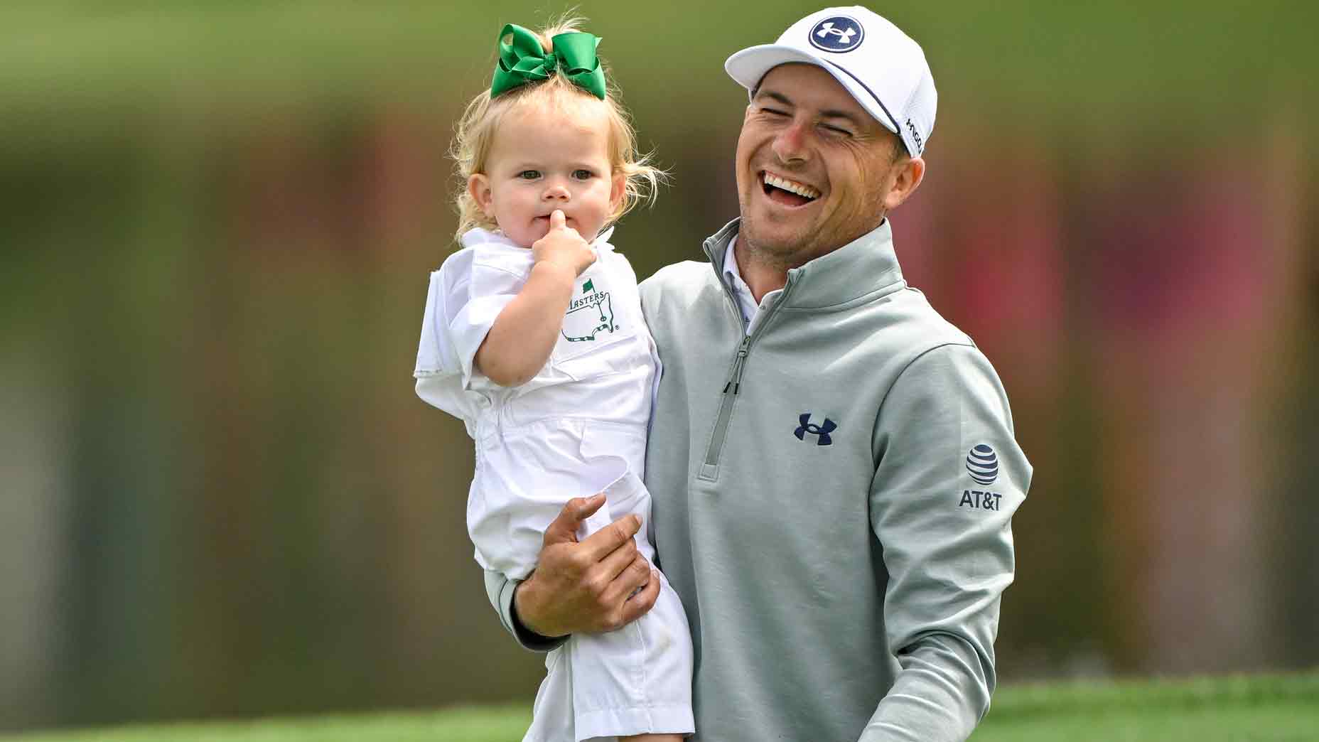 ordan Spieth and his daughter Sophie smile during the Par Three Contest prior to the Masters Tournament at Augusta National Golf Club on April 9, 2025 in Augusta, Georgia.