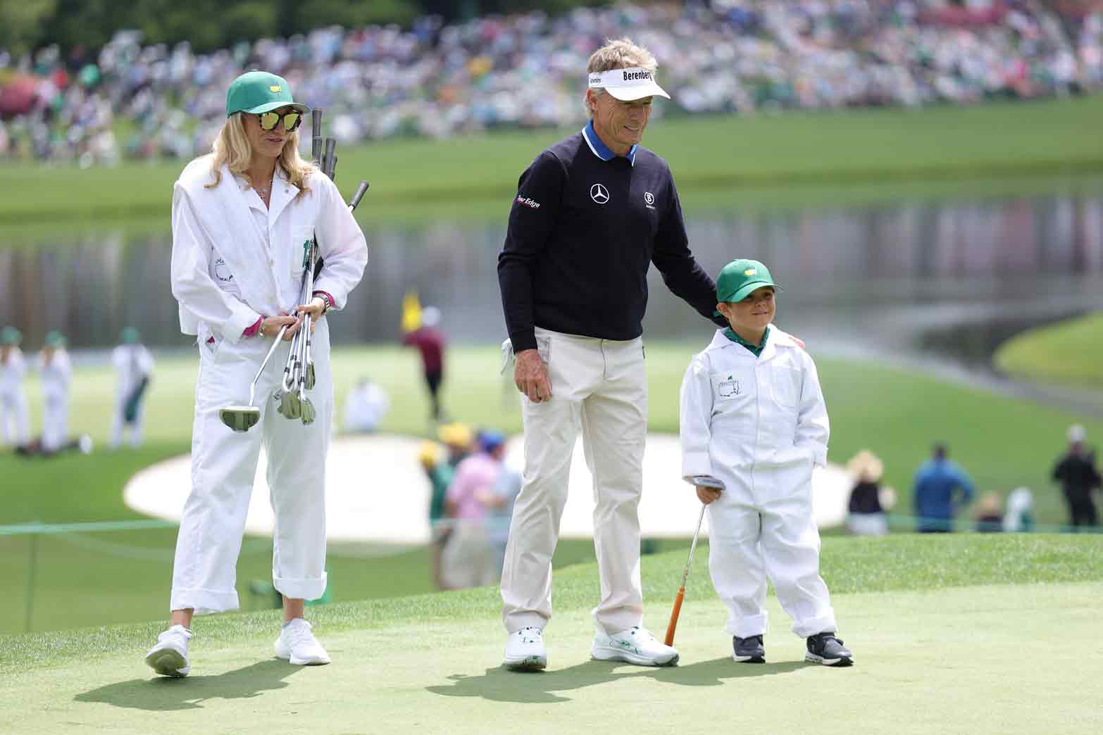 Bernhard Langer of Germany smiles on the second hole with his daughter, Jackie Langer and grandson, Jaxon Langer, on the second hole during the Par Three Contest prior to the 2025 Masters Tournament at Augusta National Golf Club on April 09, 2025 in Augusta, Georgia.