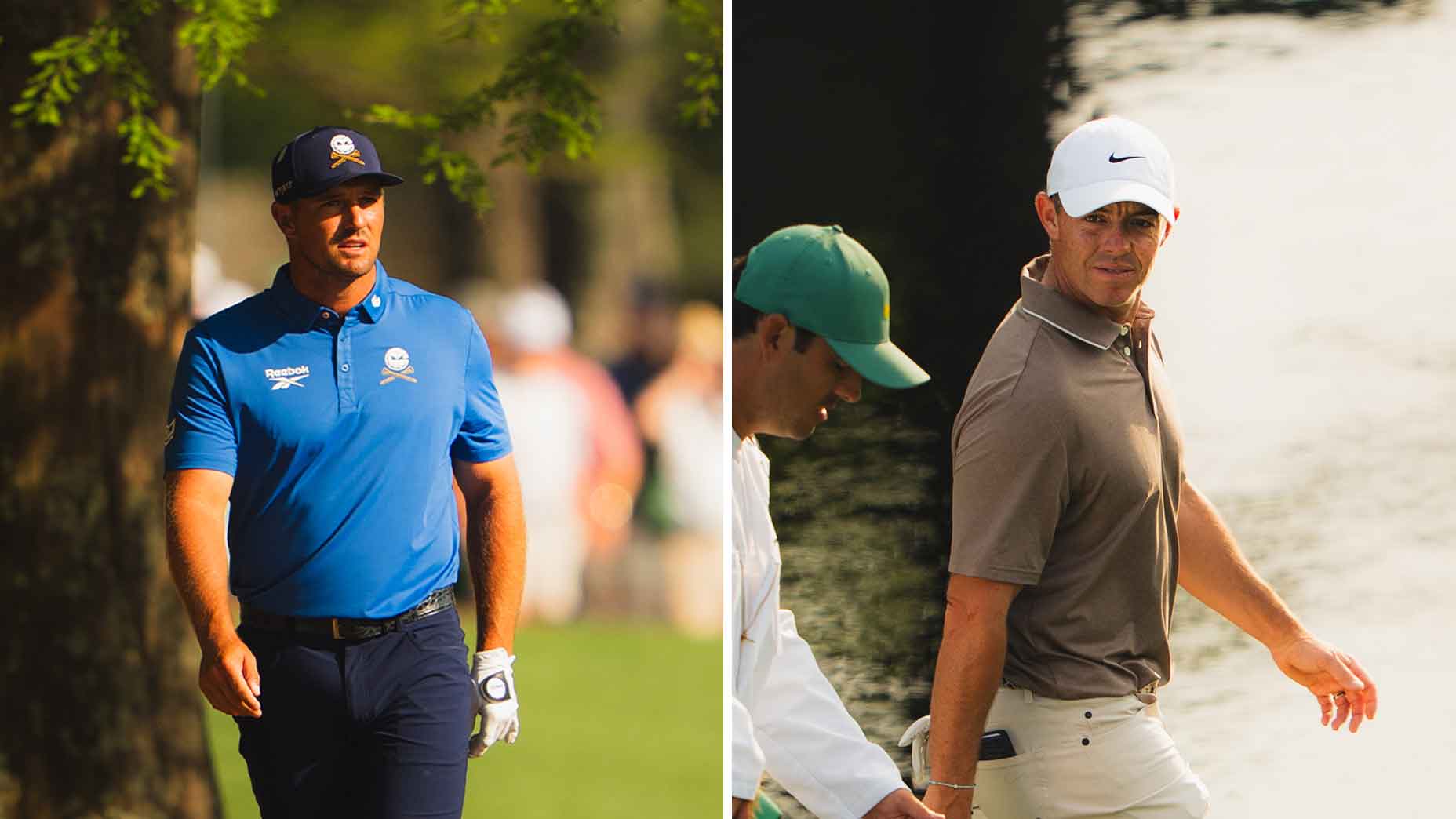rory mcilroy and bryson dechambeau stare intensely at the masters