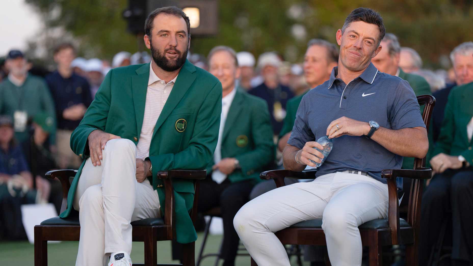 Masters winner Rory McIlroy talking with Scottie Scheffler during the green jacket ceremony after winning the 2025 Masters on Sunday at Augusta National.