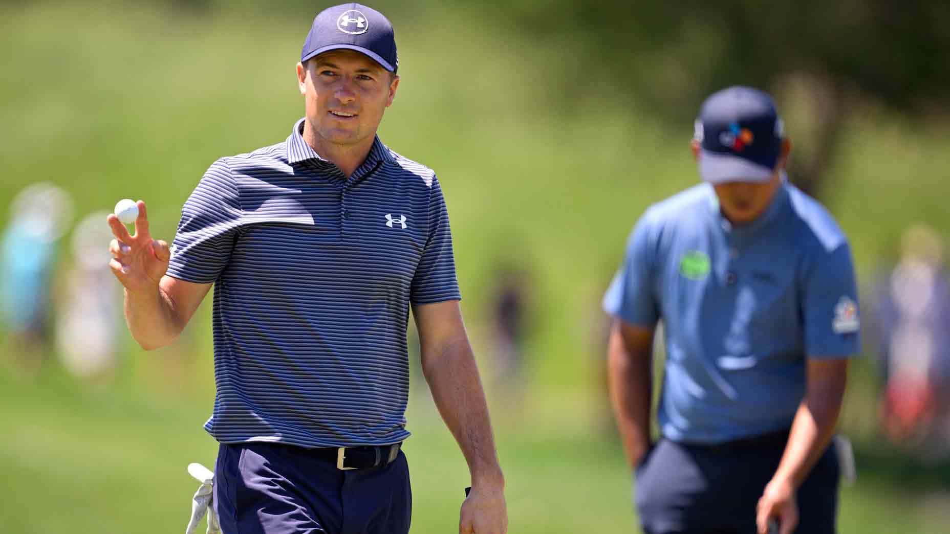 Jordan Spieth of the United States acknowledges the crowd after a putt during the final round of THE CJ CUP Byron Nelson 2025 at TPC Craig Ranch on May 04, 2025 in McKinney, Texas.