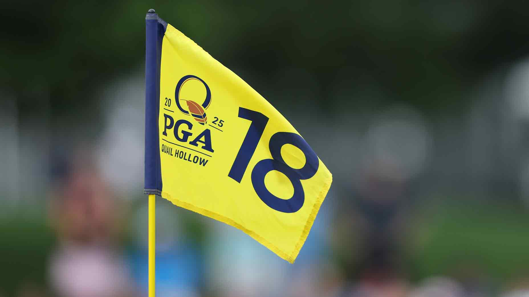 A general view of the 18th hole flag during the second round of the PGA Championship at Quail Hollow Country Club on May 16, 2025 in Charlotte, North Carolina.