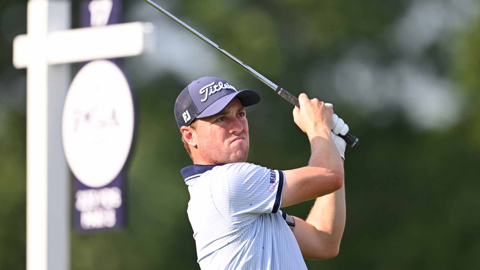 PGA Championship winner Justin Thomas hits a tee shot during the 2025 PGA Championship at Quail Hollow.