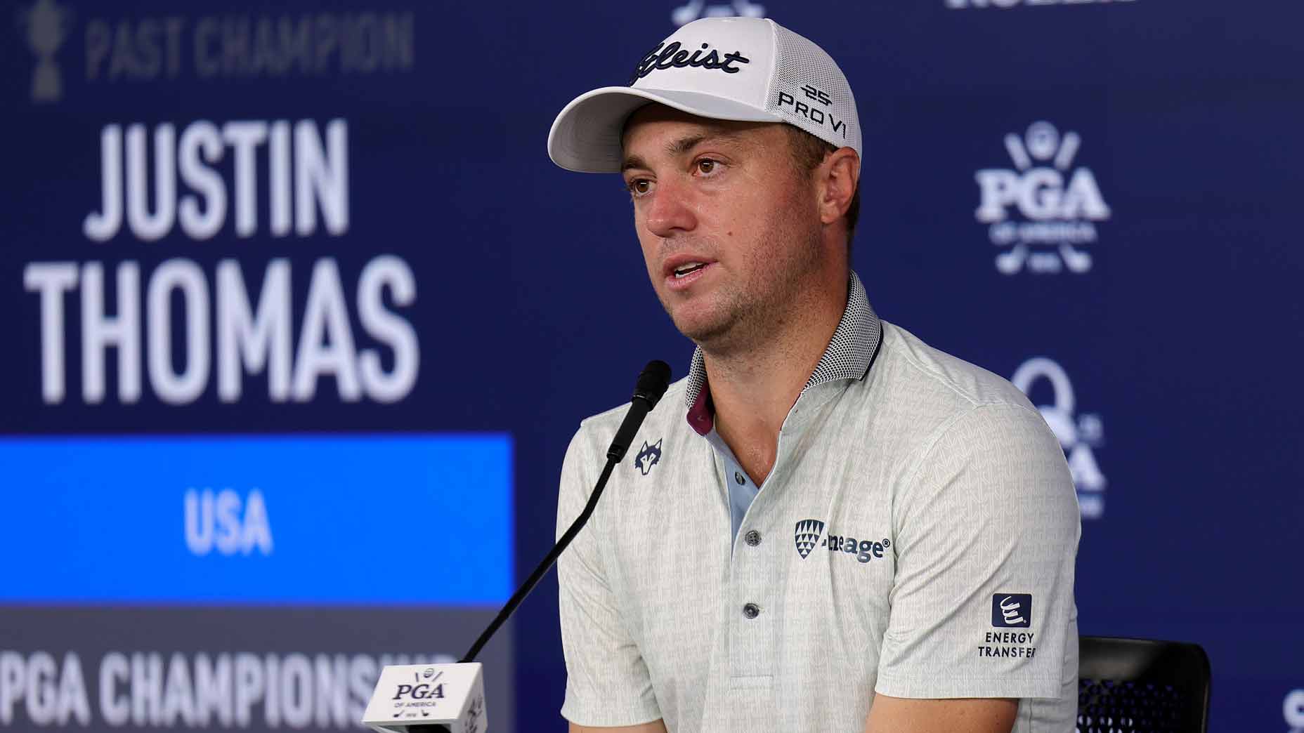 PGA winner Justin Thomas talks to the media prior to the 2025 PGA Championship at Quail Hollow.
