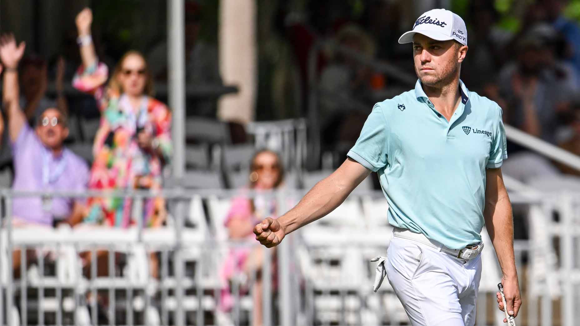 PGA Tour pro Justin Thomas reacts to a made putt during the 2025 RBC Heritage