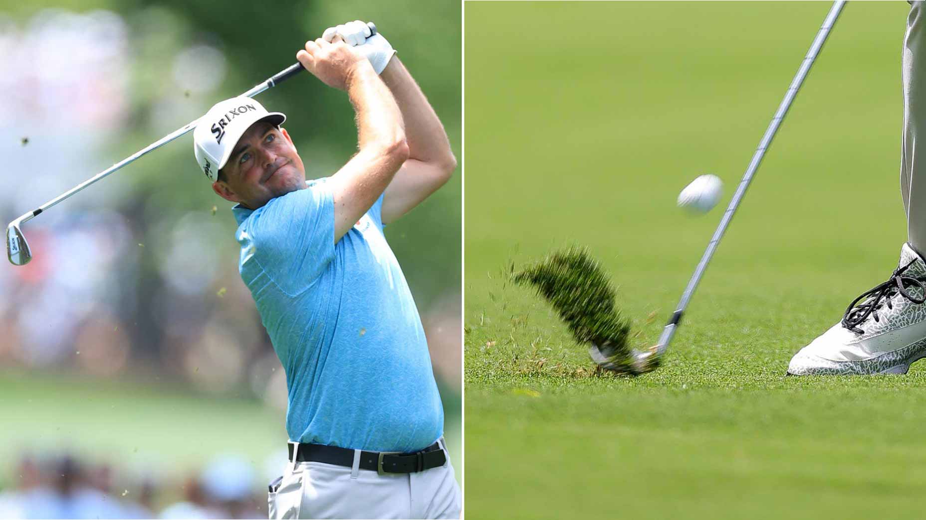 Two images of Keegan Bradley during 2025 PGA Championship at Quail Hollow.