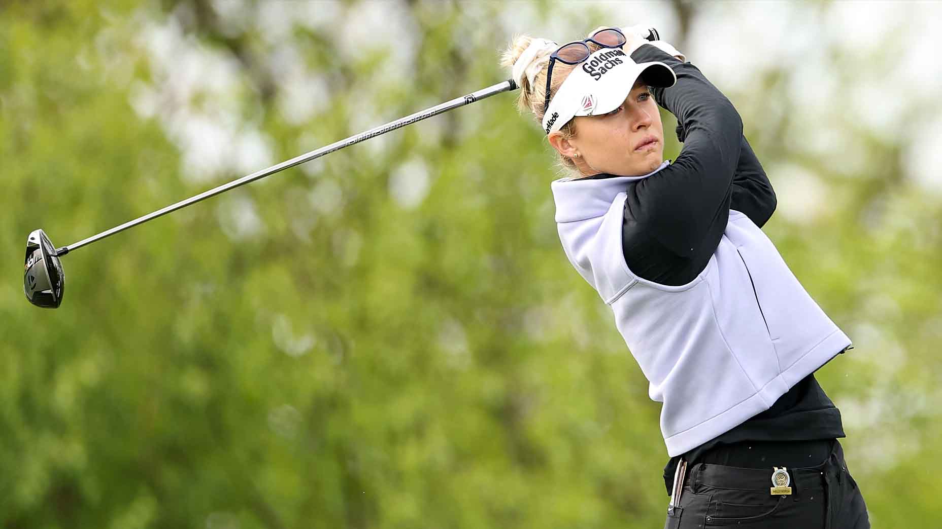 Nelly Korda hits a tee shot during a practice round at Erin Hills