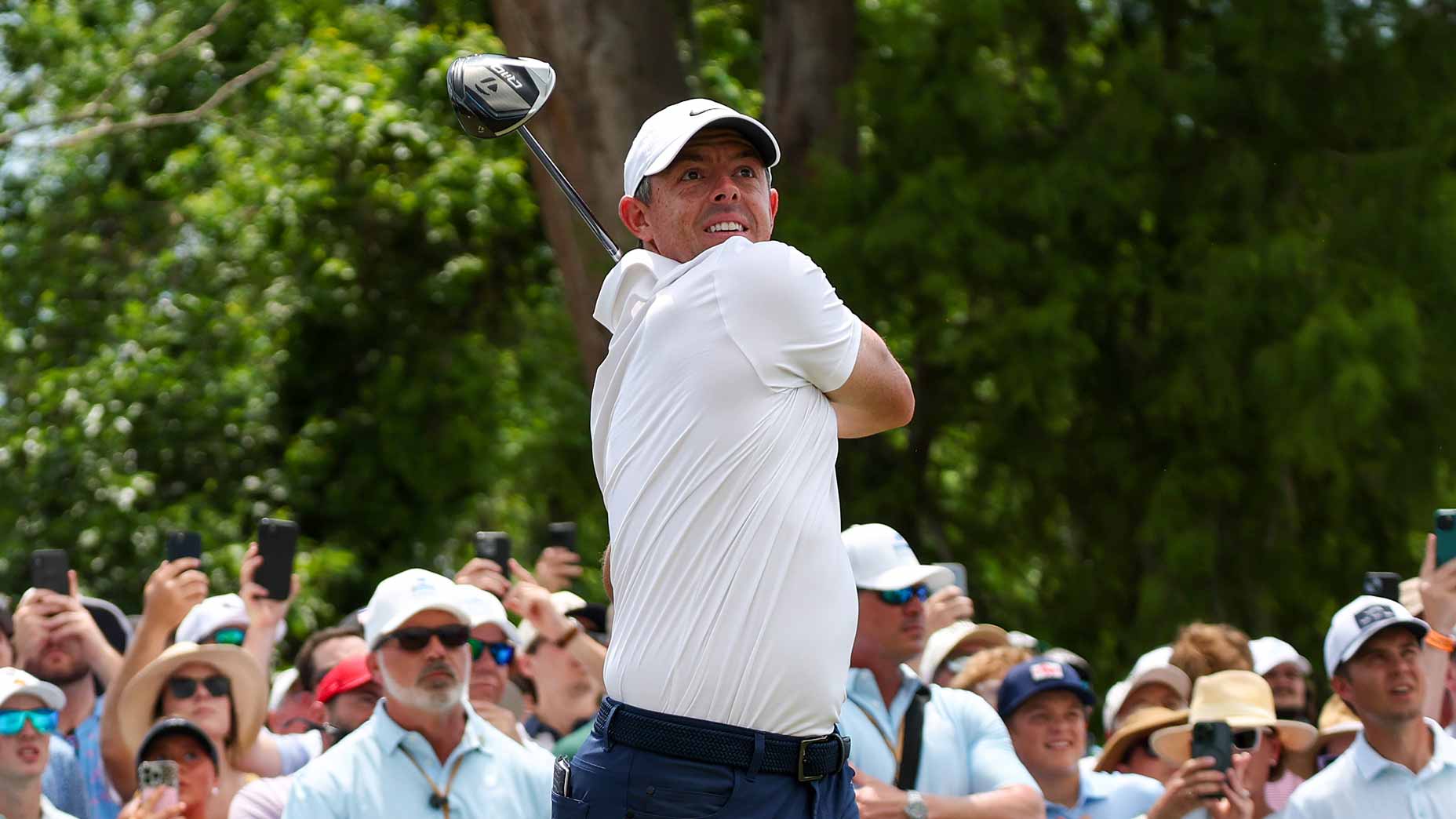 Masters winner Rory McIlroy, 2025 Truist Championship betting favorite, watches his shot at the 2025 Zurich Classic of New Orleans on April 27.