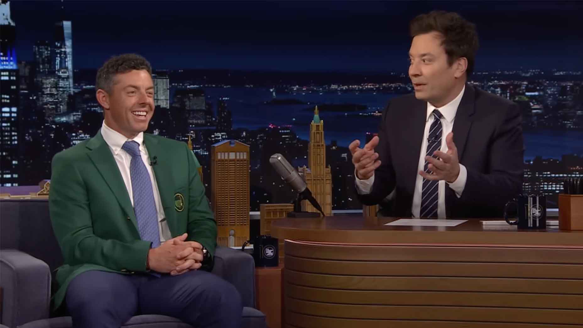 rory mcilroy speaks with jimmy fallon on the tonight show in green jacket