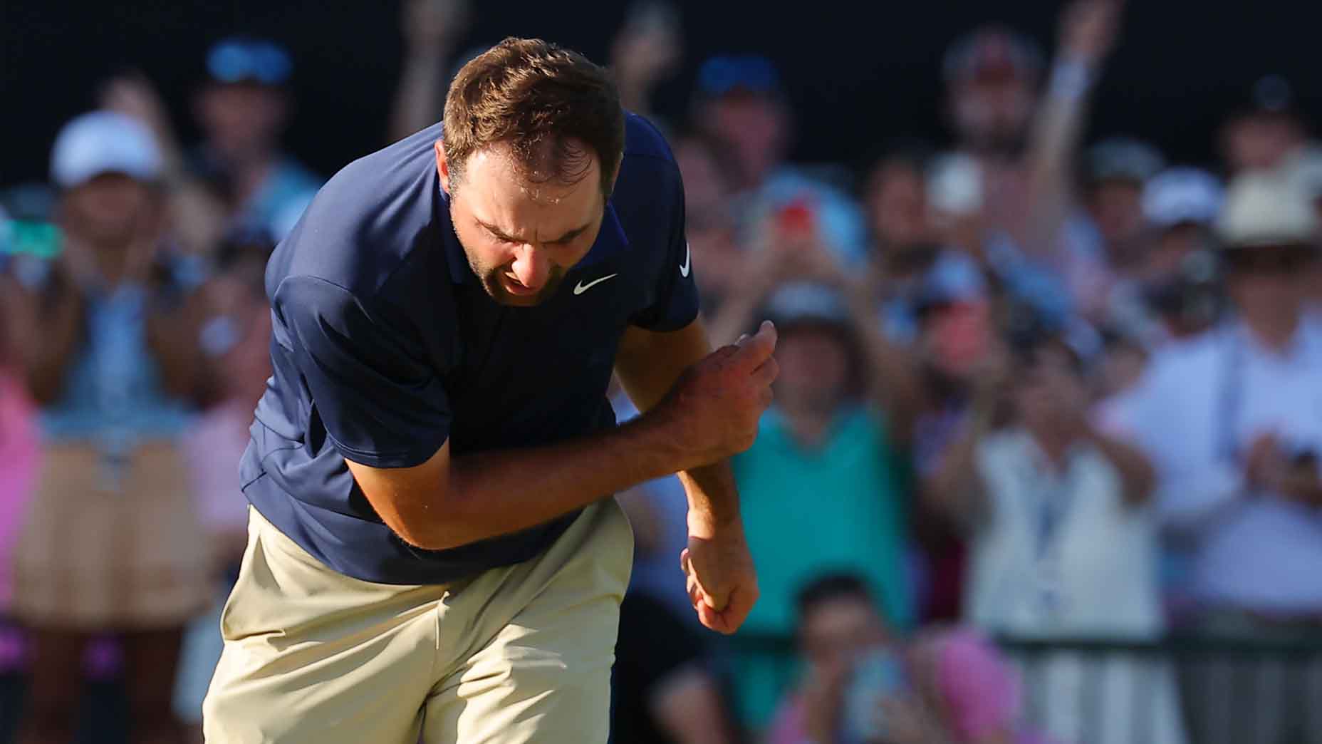 Scottie Scheffler reacts after winning the 2025 PGA Championship