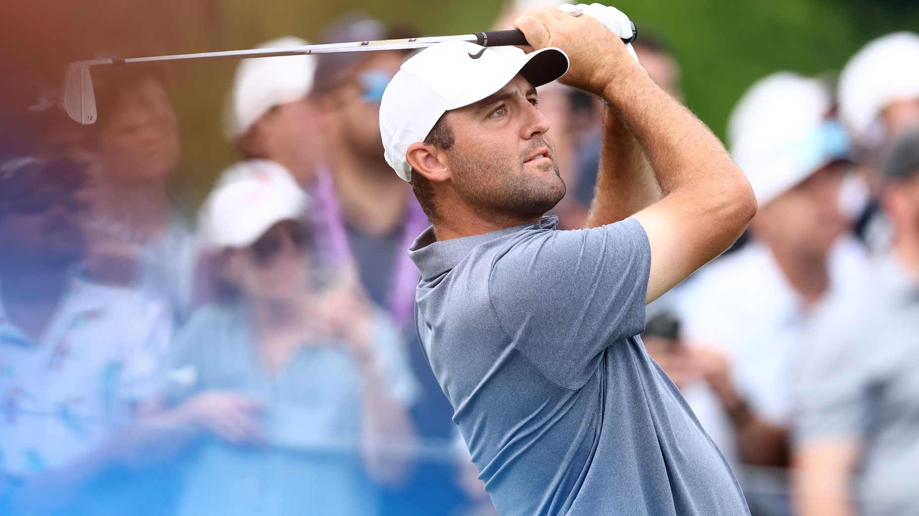 2025 PGA Championship Saturday: Contender Scottie Scheffler watches tee shot during event at Quail Hollow.