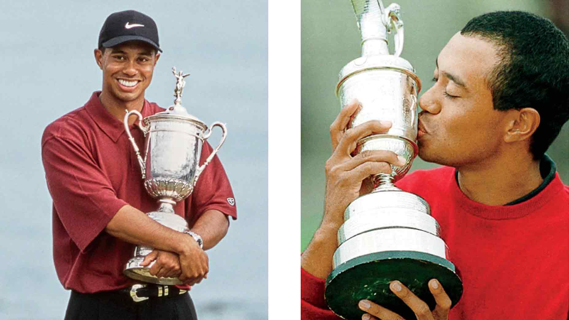 Tiger Woods with the U.S. Open and Claret Jug trophies