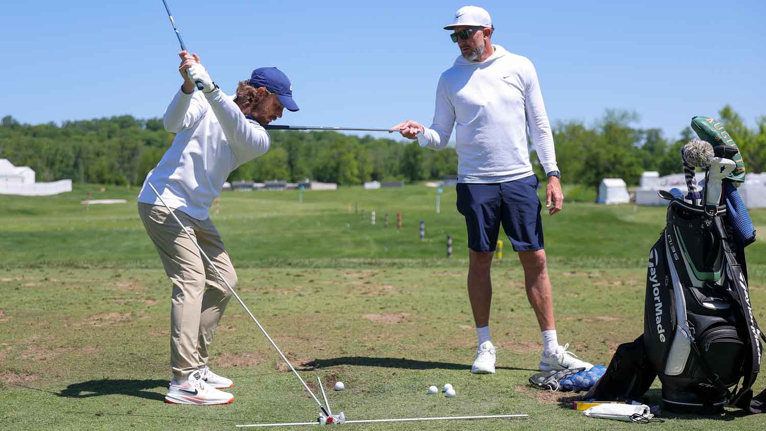 Tommy Fleetwood of England warms up on the driving range prior to playing the third round of the Truist Championship