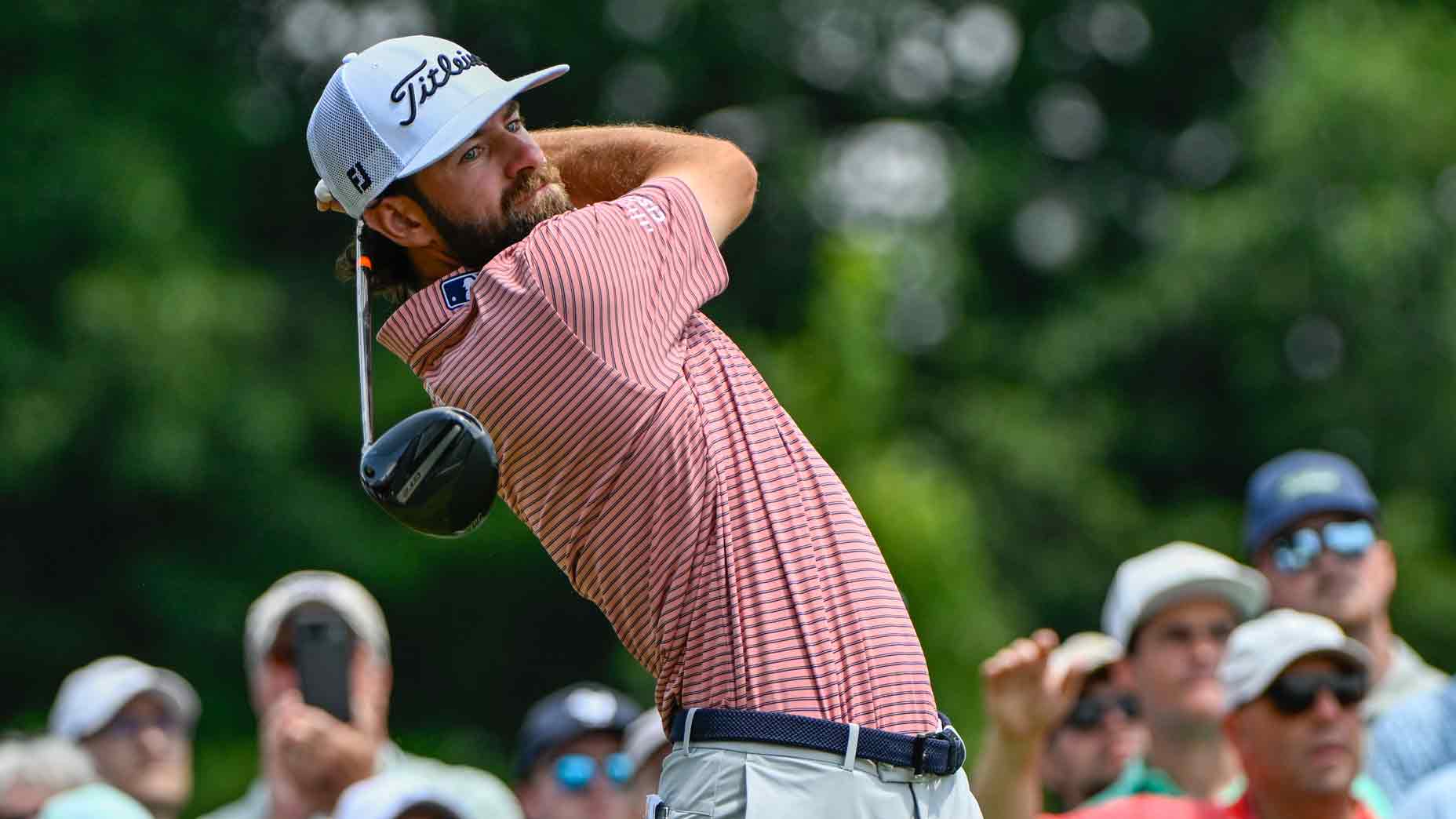 Cameron Young (USA) watches his tee shot on 1 during the third round of Travelers Championship at TPC River Highlands on June 21, 2025, in Cromwell, Connecticut.