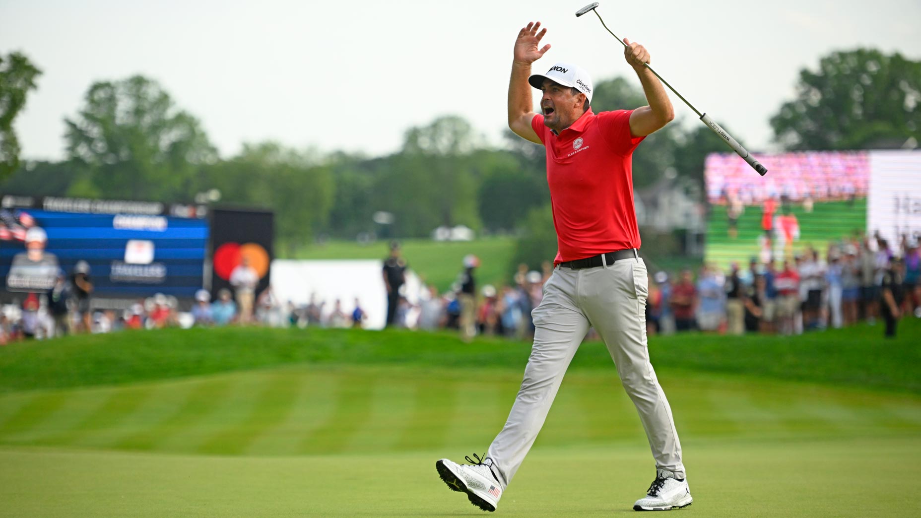 Keegan Bradley of the United States reacts to his birdie putt on the 18th green during the final round of the Travelers Championship 2025 at TPC River Highlands on June 22, 2025 in Cromwell, Connecticut.
