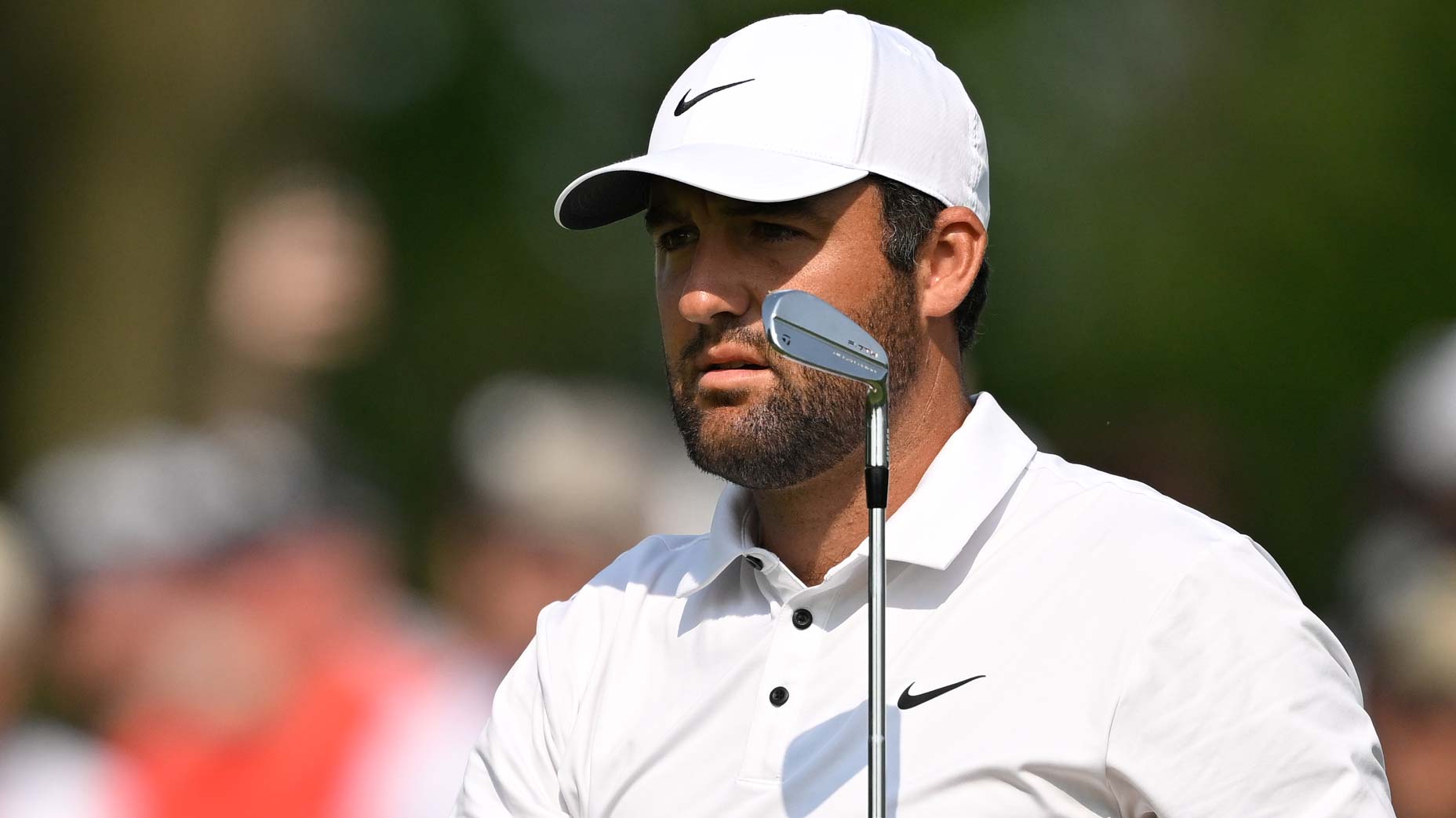 Scottie Scheffler watches a shot at the Memorial.