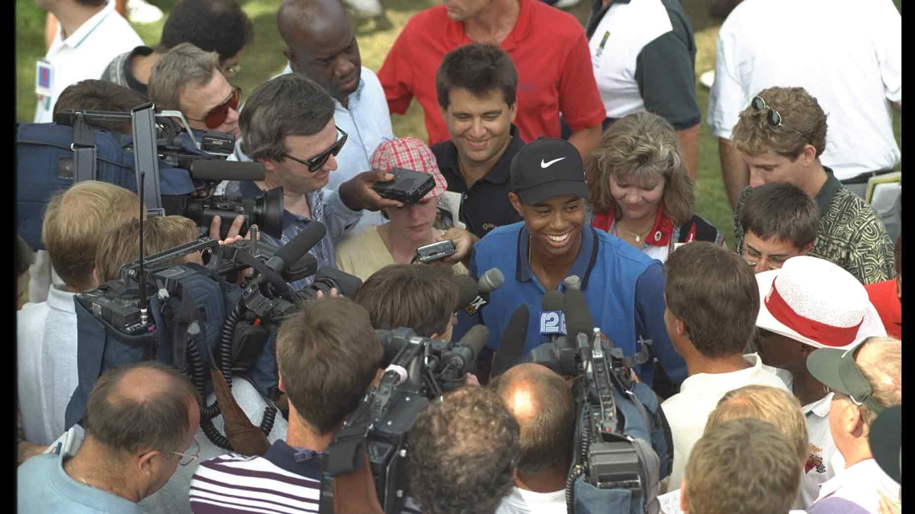 Tiger Woods meets with the media during the Greater Milwaukee Open at Brown Deer Park Golf Club in Milwaukee, Wisconsin.