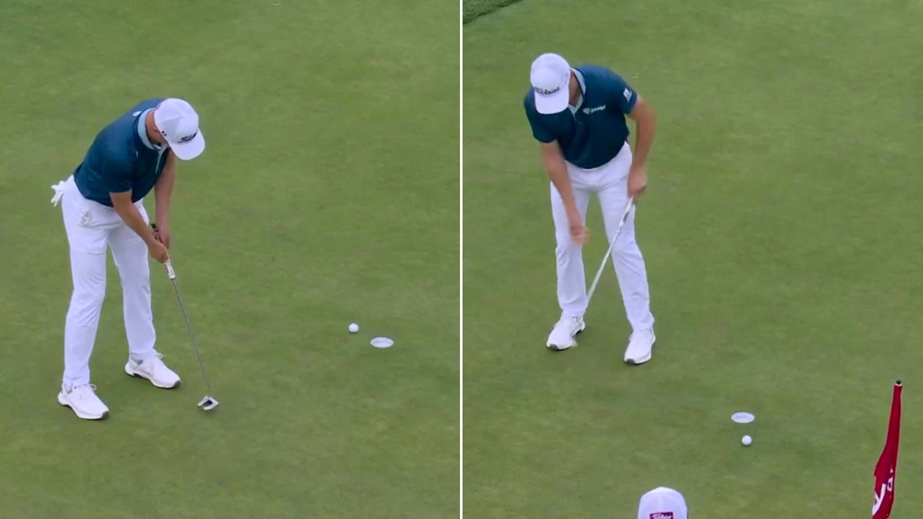 Two images of Justin Thomas making 4-putt on Friday at 2025 U.S. Open at Oakmont.