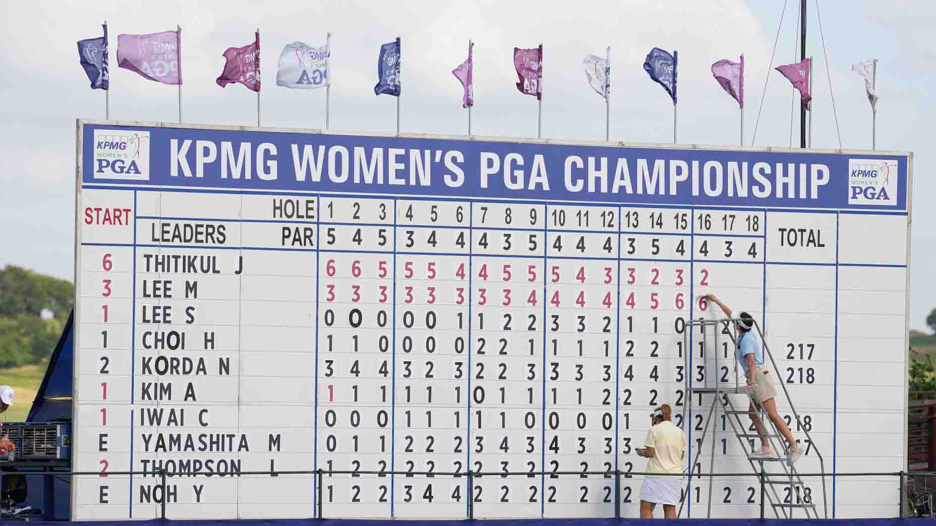 Volunteers change the scores at the 2025 KPMG Women's PGA Championship