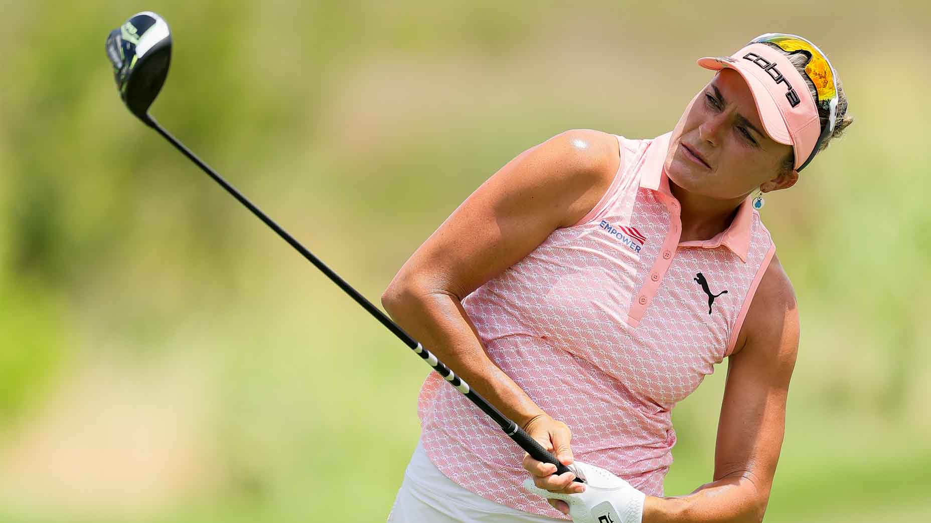 Lexi Thompson hits a tee shot during the third round of the 2025 KPMG Women's PGA Championship