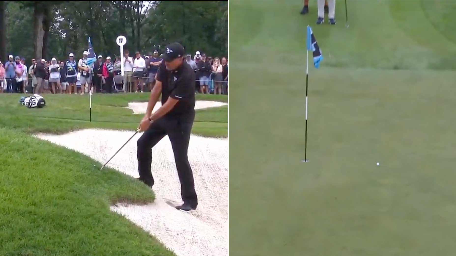 Phil Mickelson holes an incredible flop shot for birdie on Sunday at LIV Golf Virginia event.