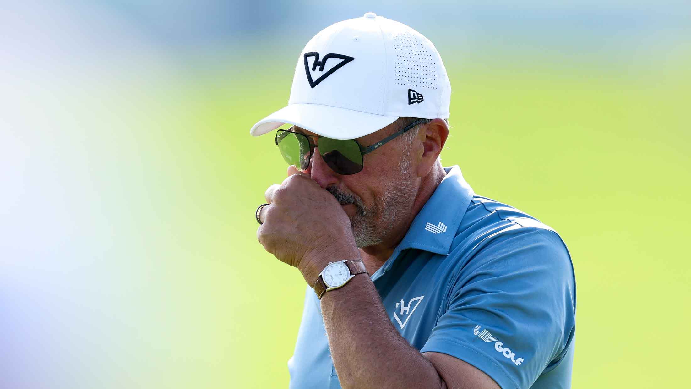 Phil Mickelson of the United States reacts after missing a putt on the 11th green during the first round of the 125th U.S. OPEN at Oakmont Country Club