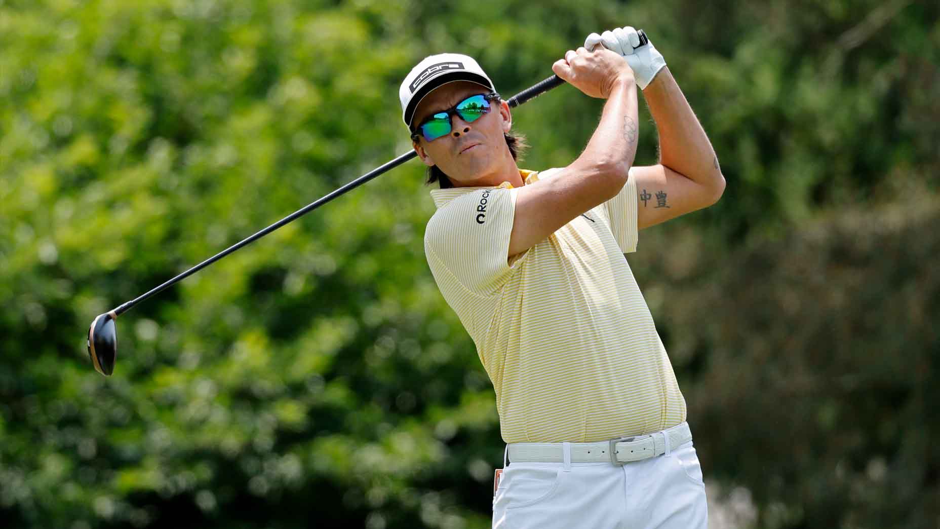 Rickie Fowler hits a tee shot during the 2025 Memorial Tournament