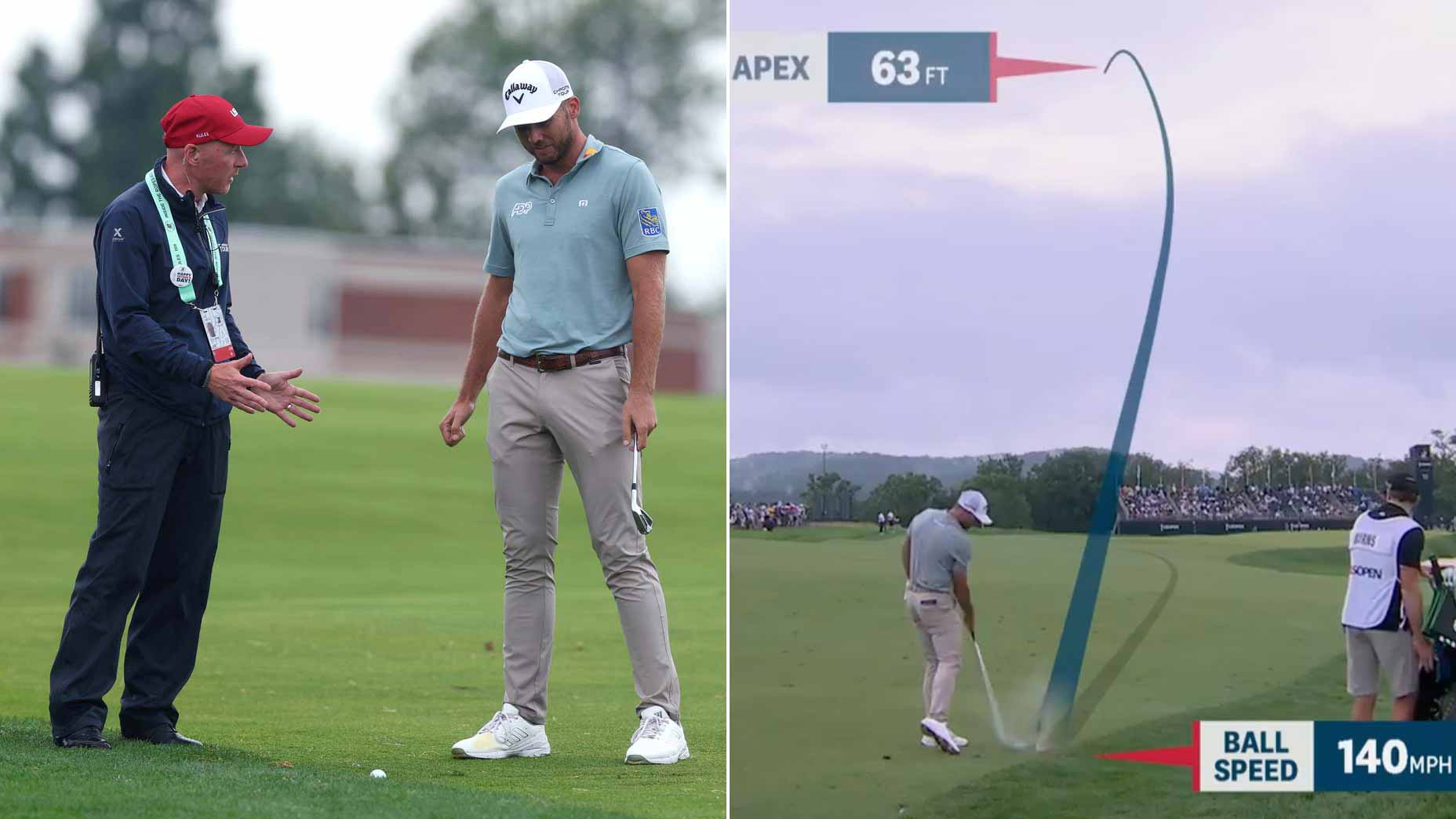 Sam Burns talks with rules official during the 2025 U.S. Open at Oakmont.