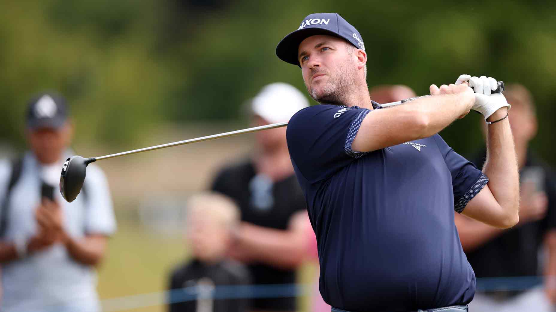 Taylor Pendrith of Canada tees off on the second hole on day four of the Genesis Scottish Open 2025 at The Renaissance Club on July 13, 2025 in North Berwick, Scotland.