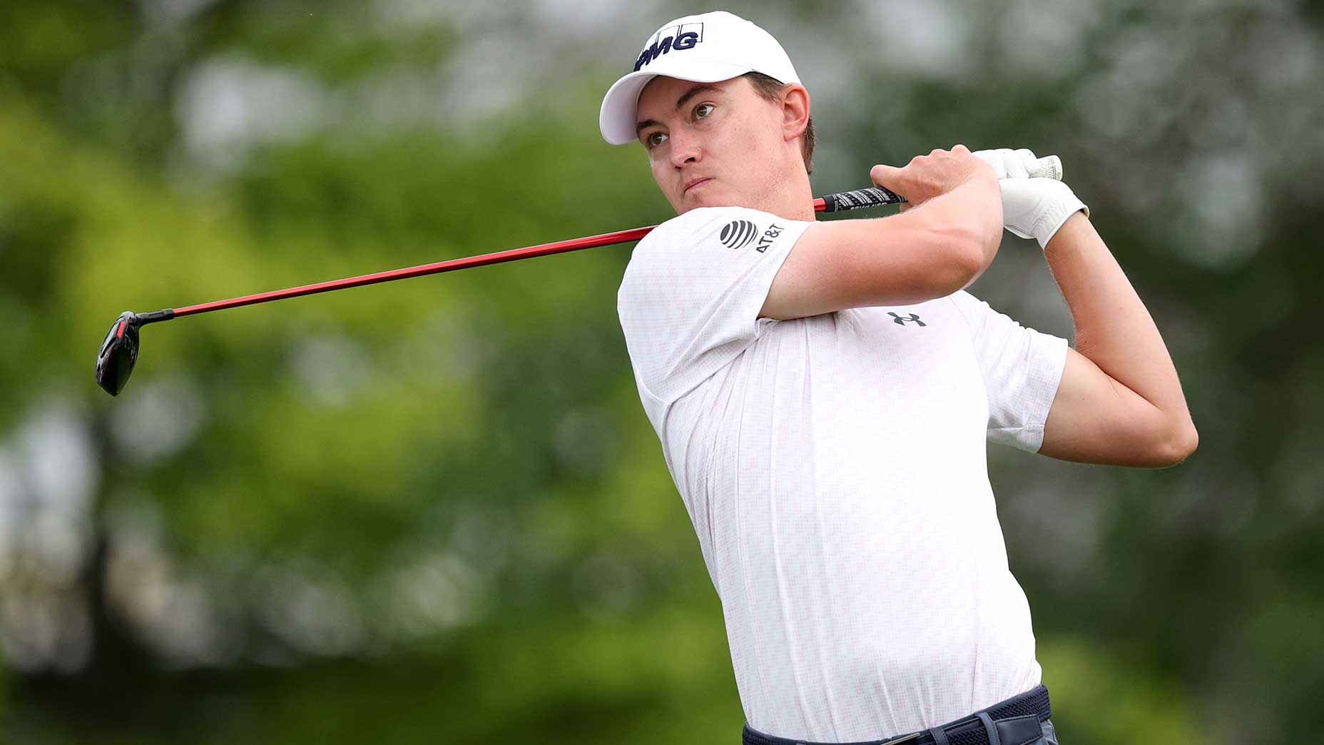 Maverick McNealy watches a tee shot during the first round of the 3M Open on Thursday in Blaine, Minn.