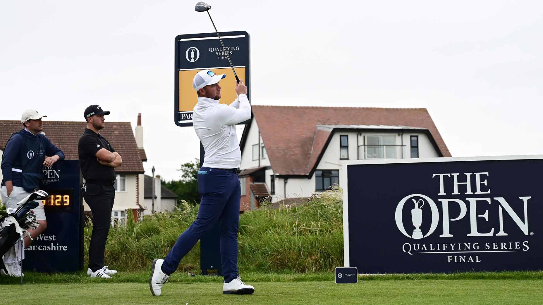 LIV pro Sam Horsfield tees off on the first hole at The West Lancashire Golf Club.