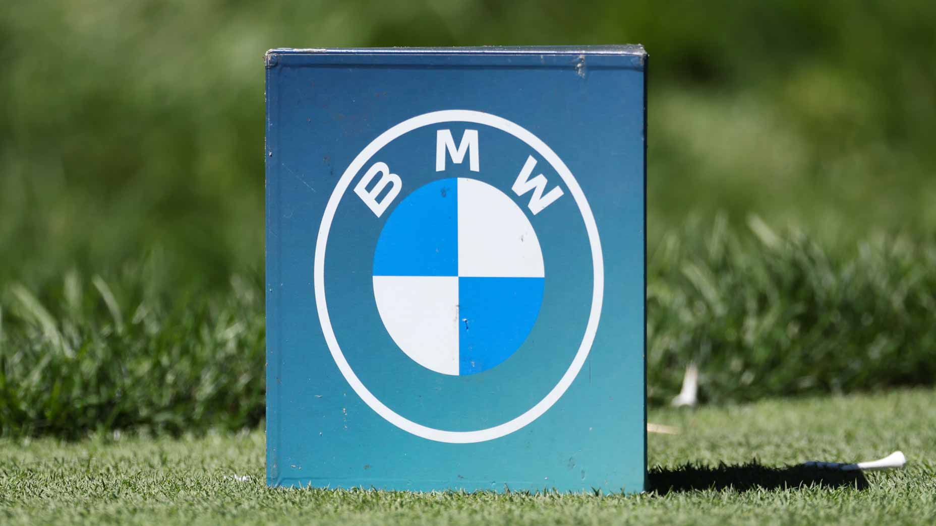 The BMW Championship logo on a tee marker during the first round of the BMW Championship on a tee box at the 2024 event.