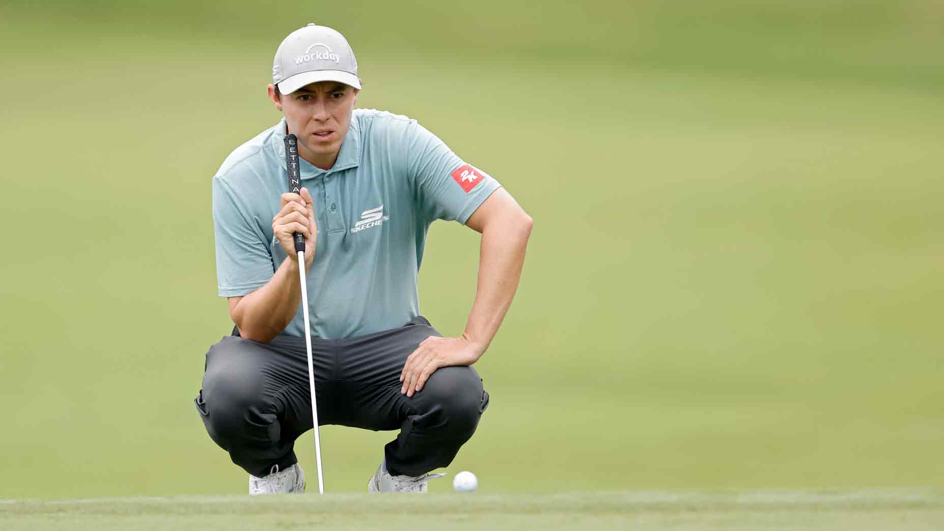 Matthew Fitzpatrick of England lines up a putt on the tenth green during the second round of the Wyndham Championship 2025 at Sedgefield Country Club on August 01, 2025 in Greensboro, North Carolina.