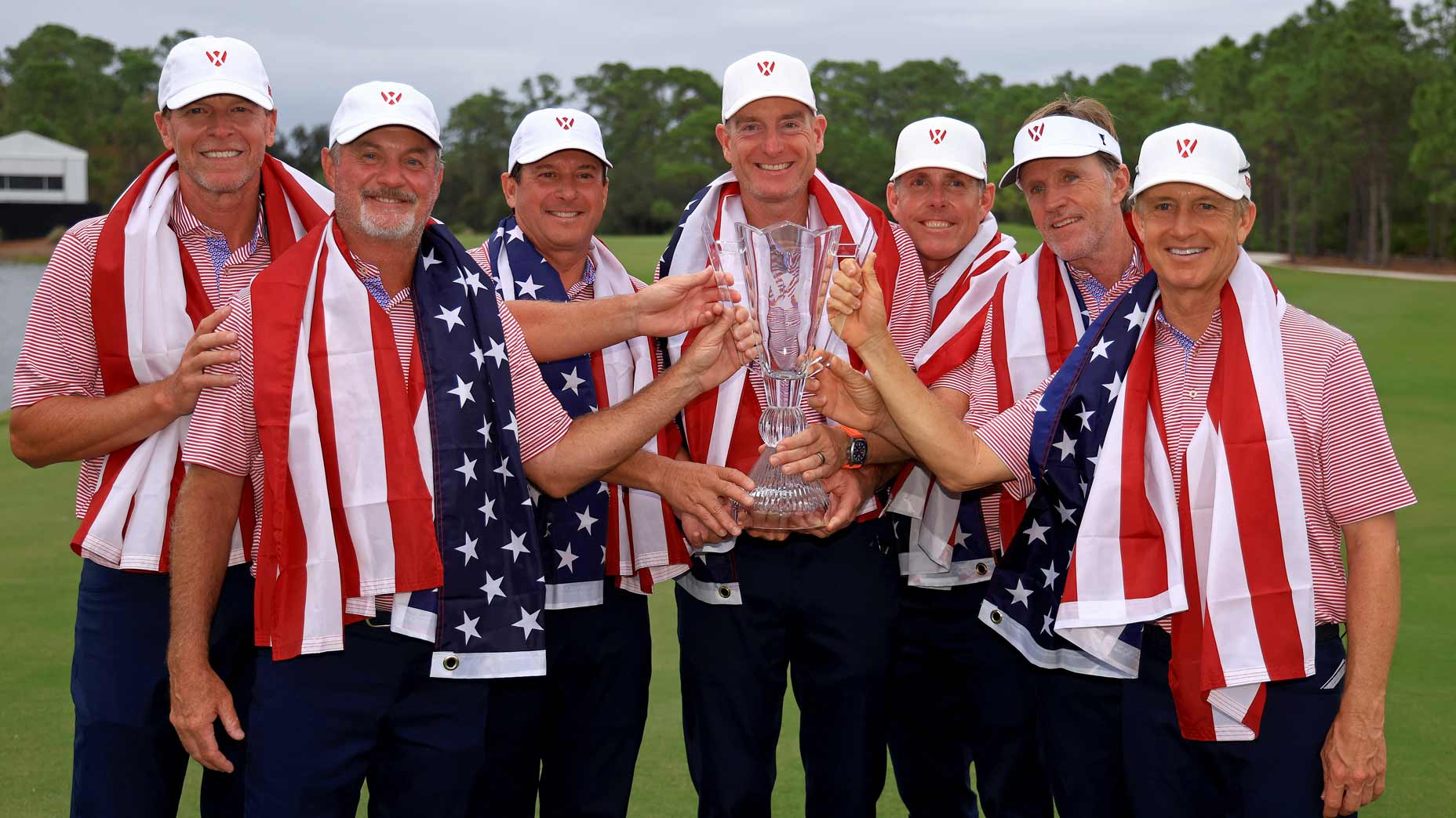 Captain Jim Furyk and Team USA celebrate winning the World Champions Cup at The Concession Golf Club on December 10, 2023 in Bradenton, Florida.